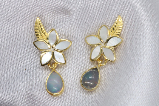 Opal Plumeria Flower 18K Gold Mother of Pearl Stud Earrings