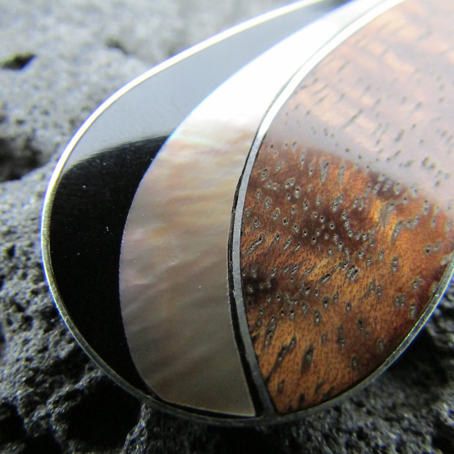 Teardrop Necklace Pendant | Black Ouster Shell | Sterling Silver | Koa Wood | Gift | Jewelry | Handmade | Unique