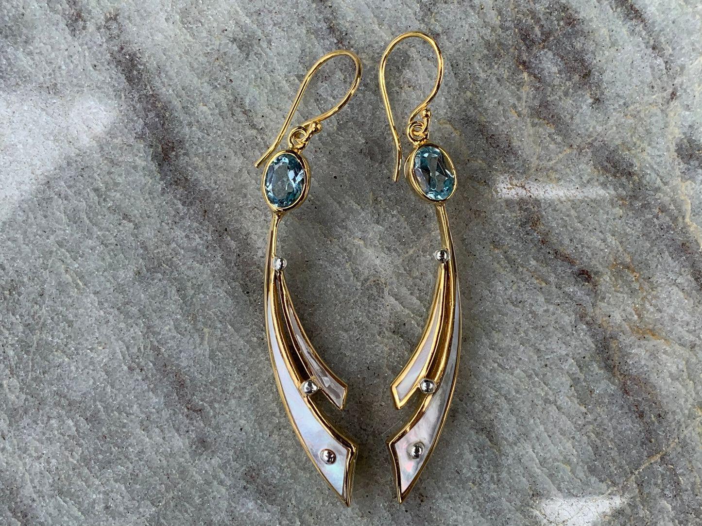 18k Gold Vermeil Wave Earrings. Blue Topaz, Mother of Pearl