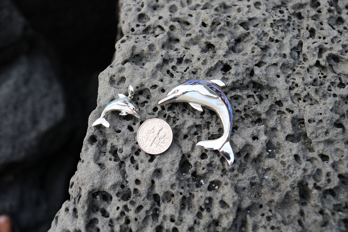 Aumakua Dolphin Necklace Pendant. Abalone Paua Shell, Mother of Pearl, Sterling Silver.
