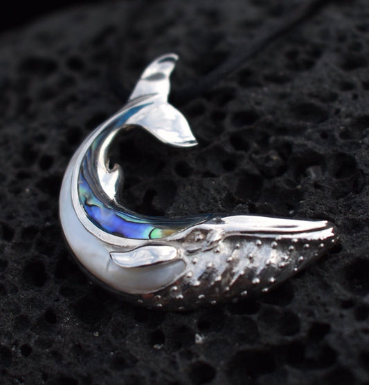Whale Necklace Pendant. Sterling Silver. Abalone Shell. Mother of Pearl.