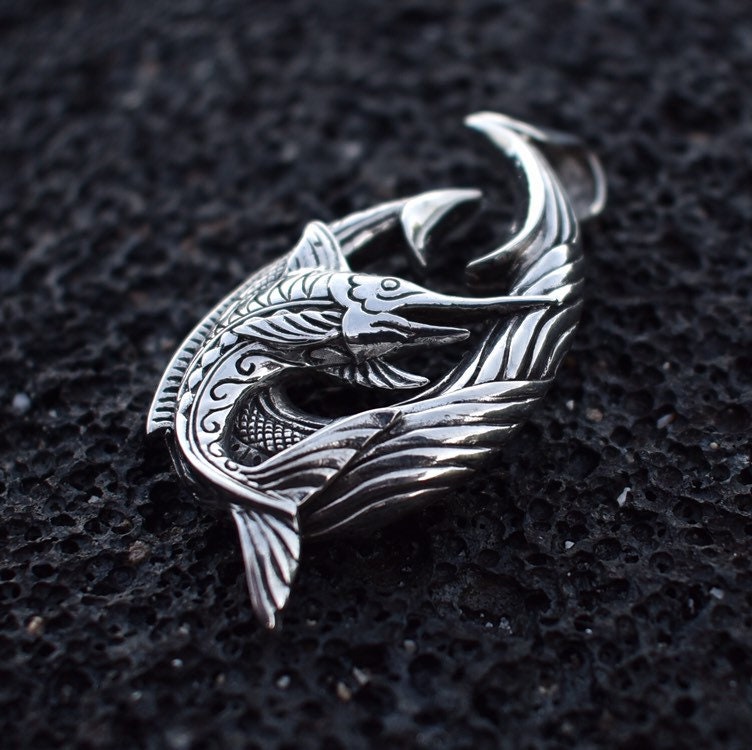 Fishing Hook Necklace Pendant with Marlin. Sterling Silver.