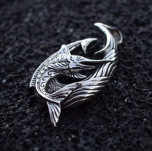 Fishing Hook Necklace Pendant with Marlin. Sterling Silver.