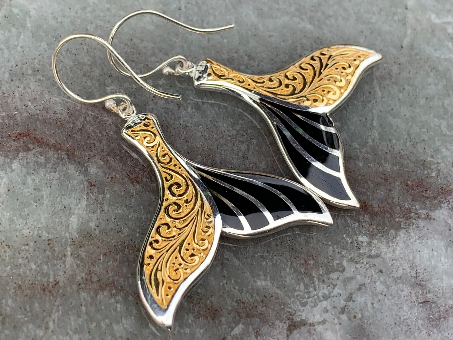 Hawaiian Islands Whale Tail Earrings. Kauai, Oahu, Maui, Big Island of Hawaii. Gold, Silver, Mother of Pearl.