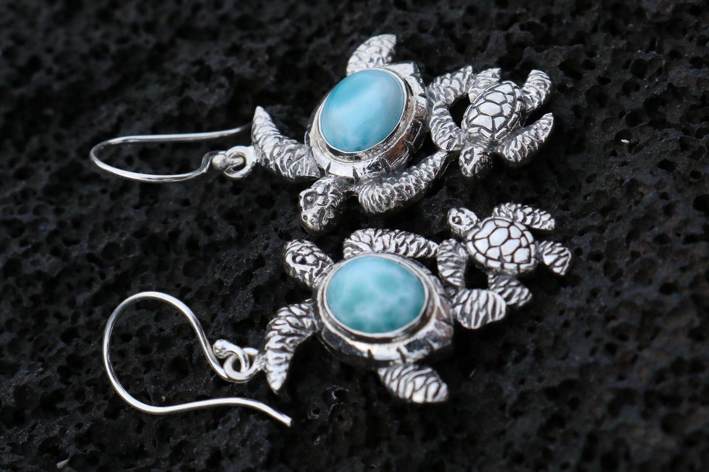Larimar Turtles Dangle Drop Earrings. Sterling Silver.