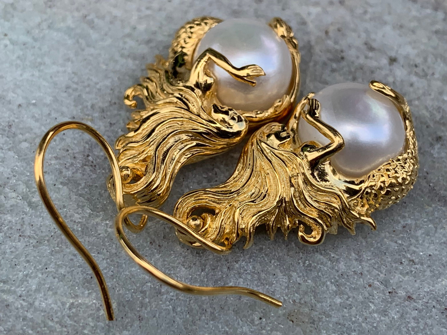 18k gold vermeil white mabe pearl mermaid earrings.