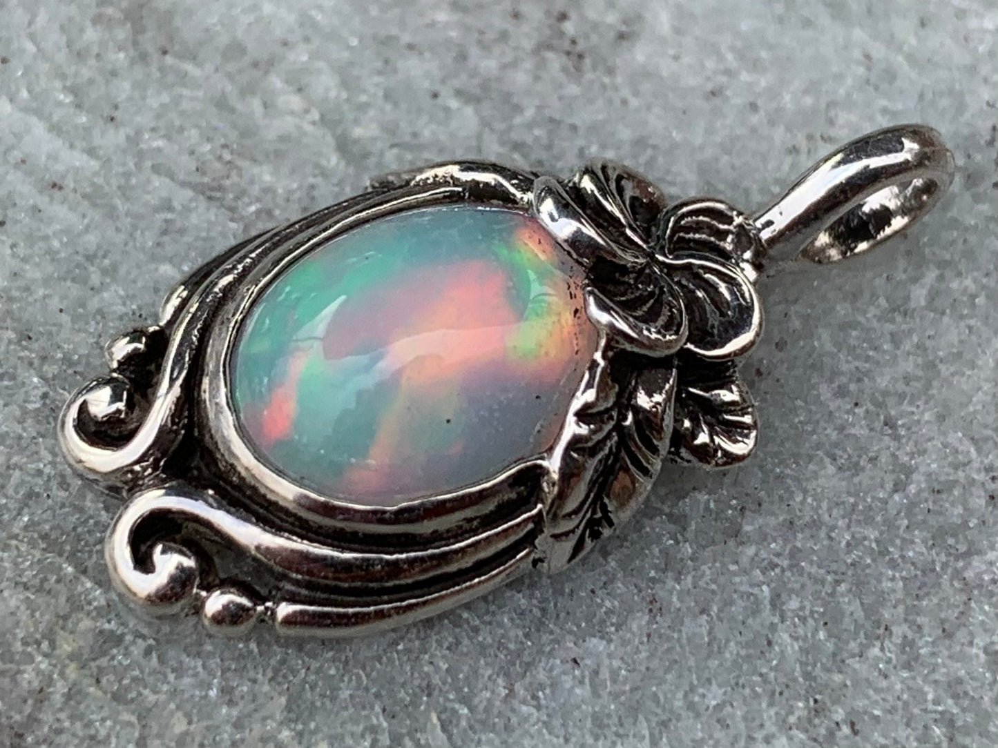 Opal Plumeria Flower Necklace Pendant. Sterling Silver.