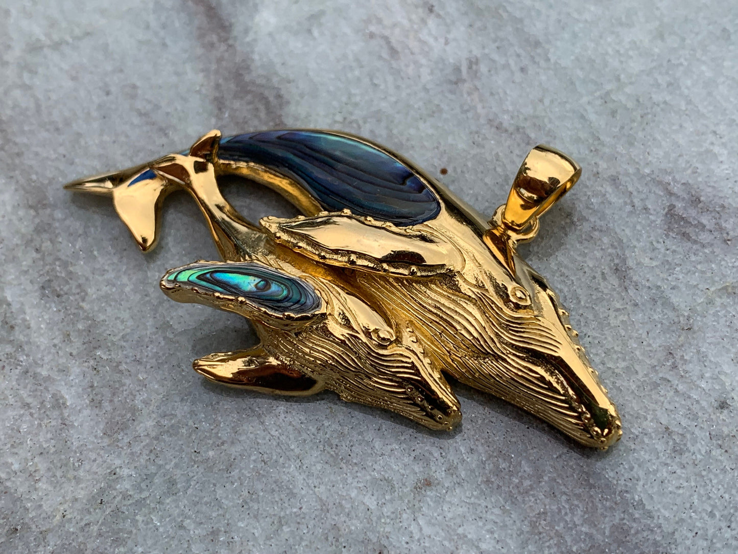 Mother and Baby Humpback Whale Necklace Pendant. 18k Gold Vermeil, Abalone Paua Shell.