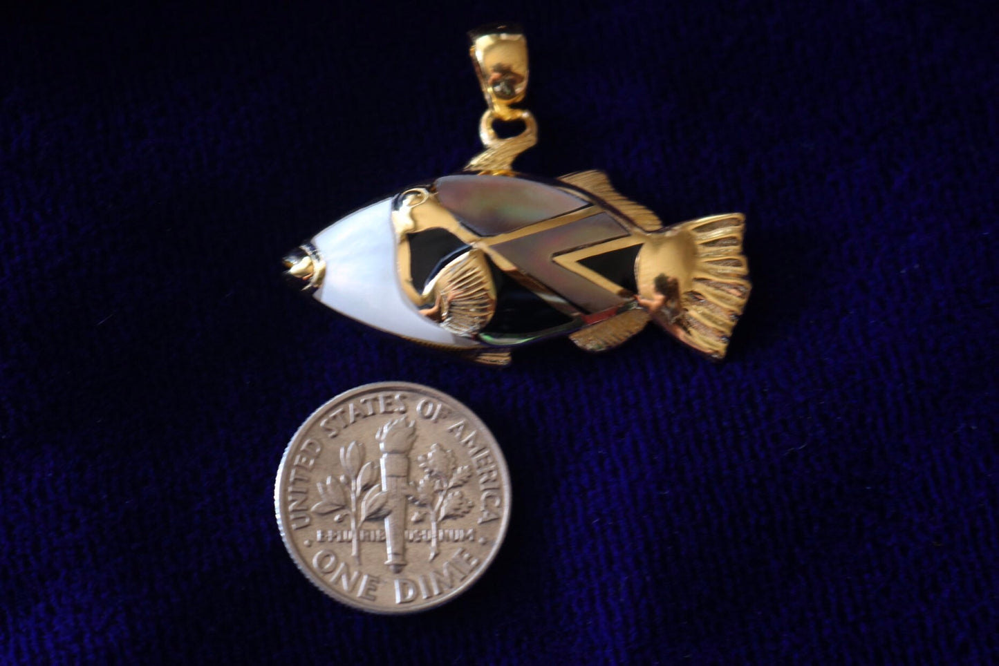 Humuhumunukunukuapua’a (Trigger Fish) Hawaiian State Fish Necklace Pendant. 18k Gold Vermeil, Silver, Mother of Pearl.