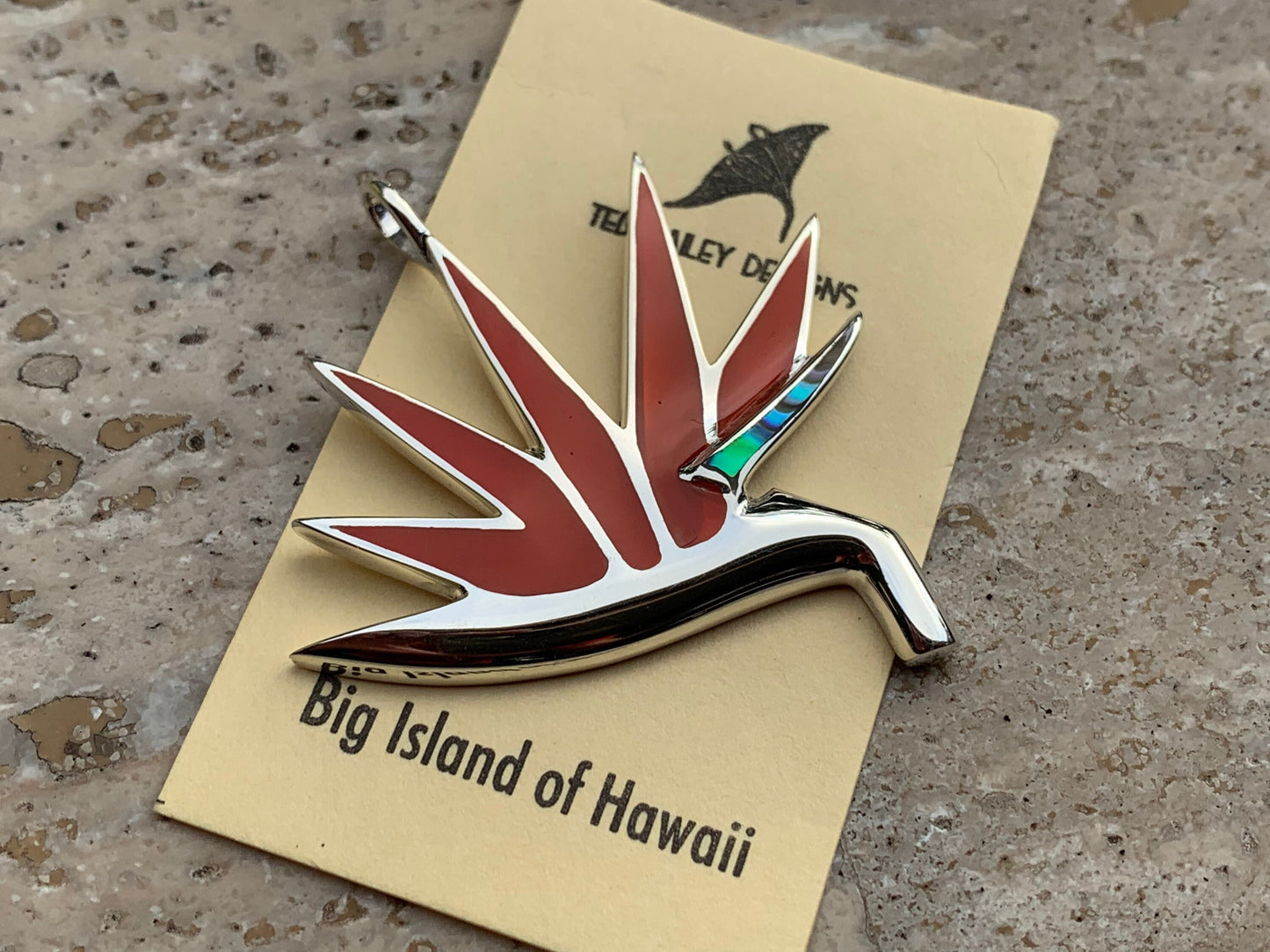 Bird of Paradise Flower Necklace Pendant. Red Coral, Sterling Silver, Abalone Shell.