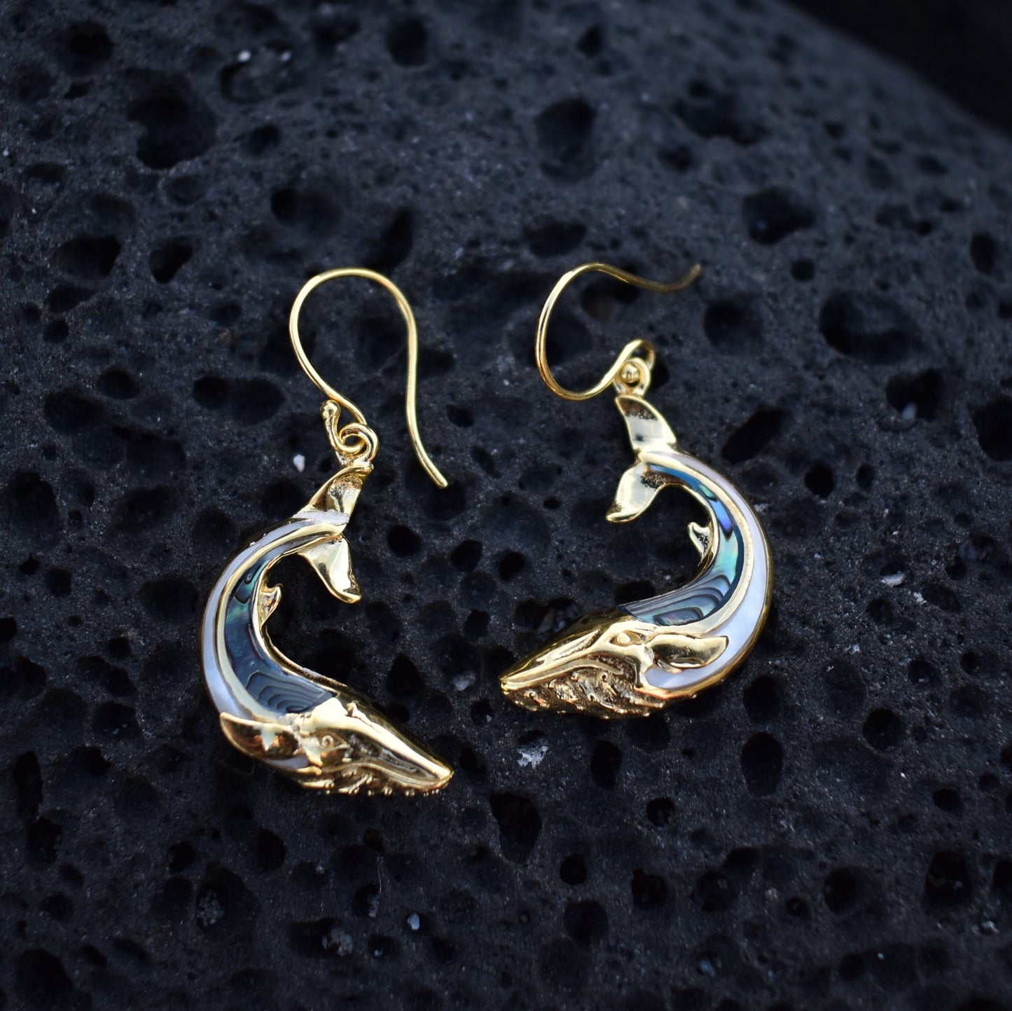 18K Gold Vermeil Whale earrings. Abalone Shell. Mother of Pearl.