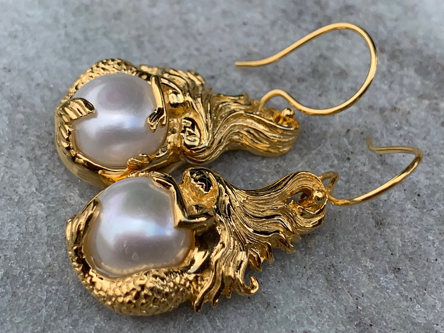 18k gold vermeil white mabe pearl mermaid earrings.