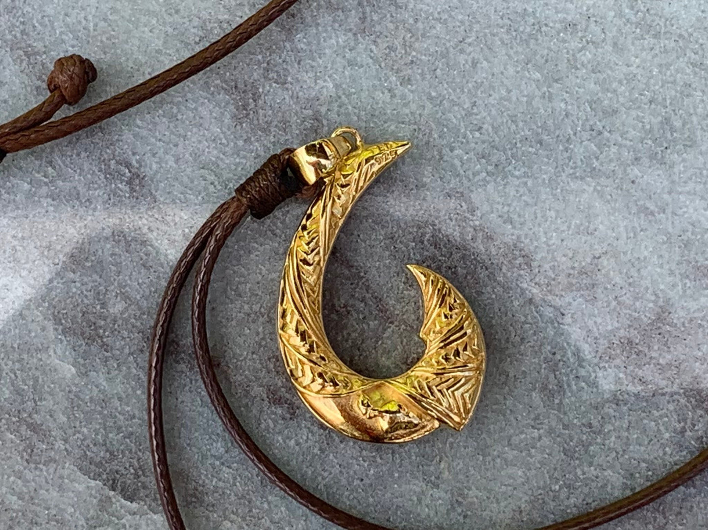 Hawaiian Maui Island Fishing Hook Tribal Necklace Pendant. 18K Gold Vermeil.