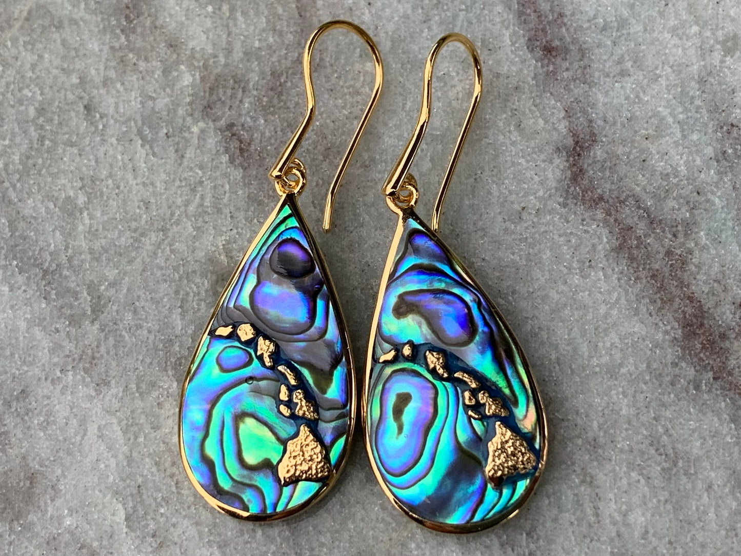 Hawaiian Islands Chain Earrings. Kauai, Oahu, Maui, Big Island of Hawaii. Silver, 18k Gold, Abalone Paua Shell.