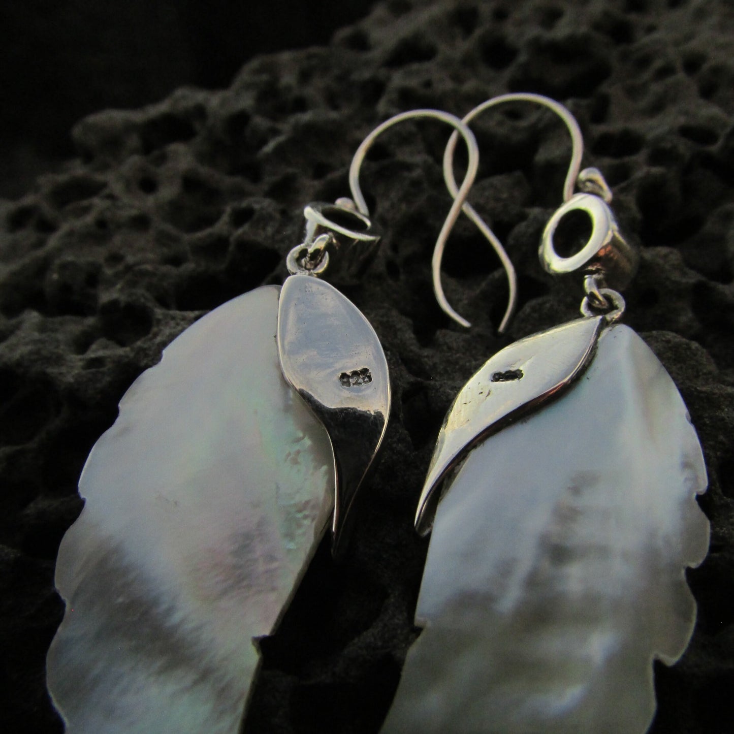Angel Wings Earrings. Mother of Pearl. Blue Topaz. Sterling Silver.