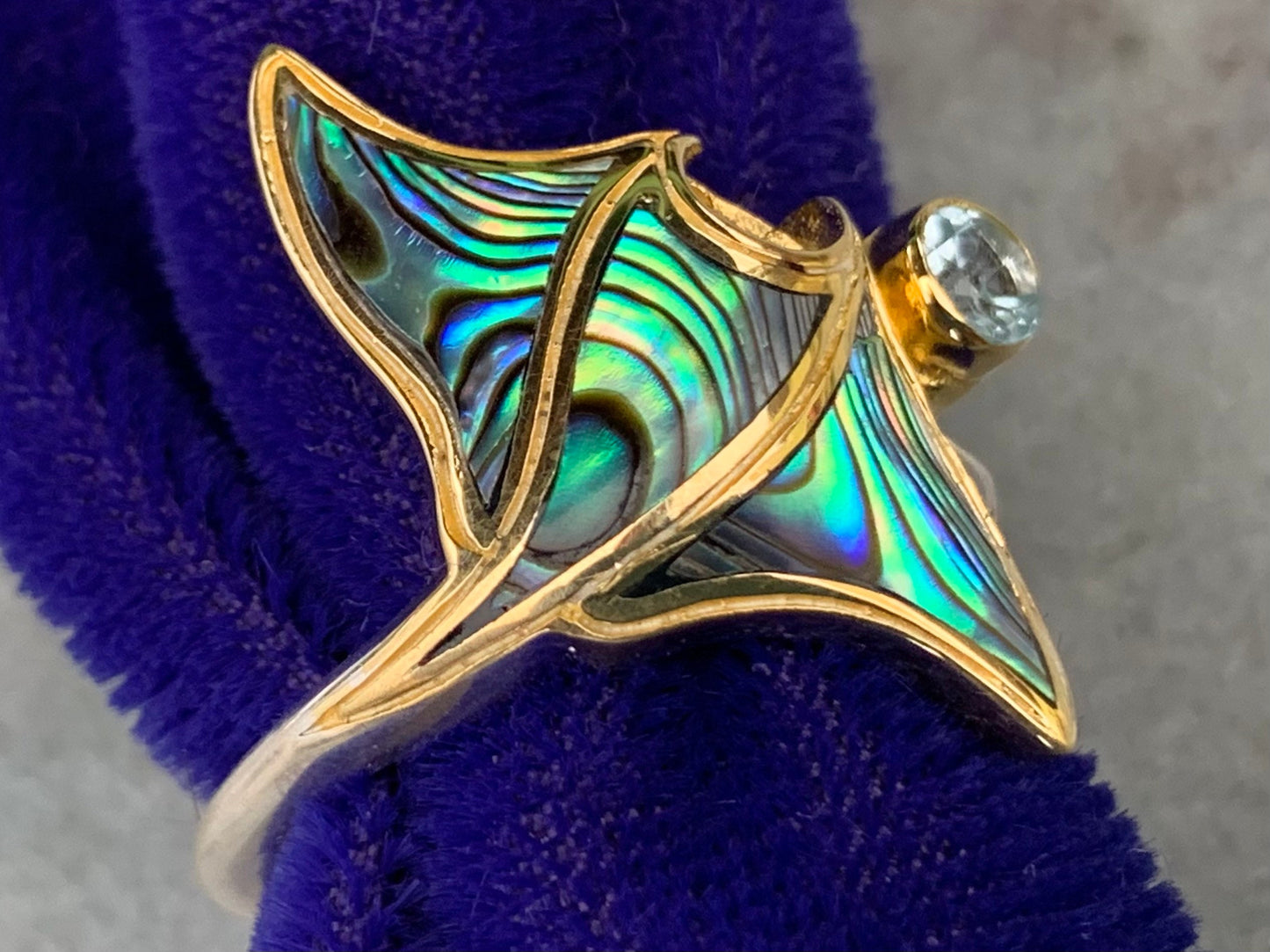 Manta Ray Gold Vermeil Ring. Blue Topaz. Abalone Paua Shell.
