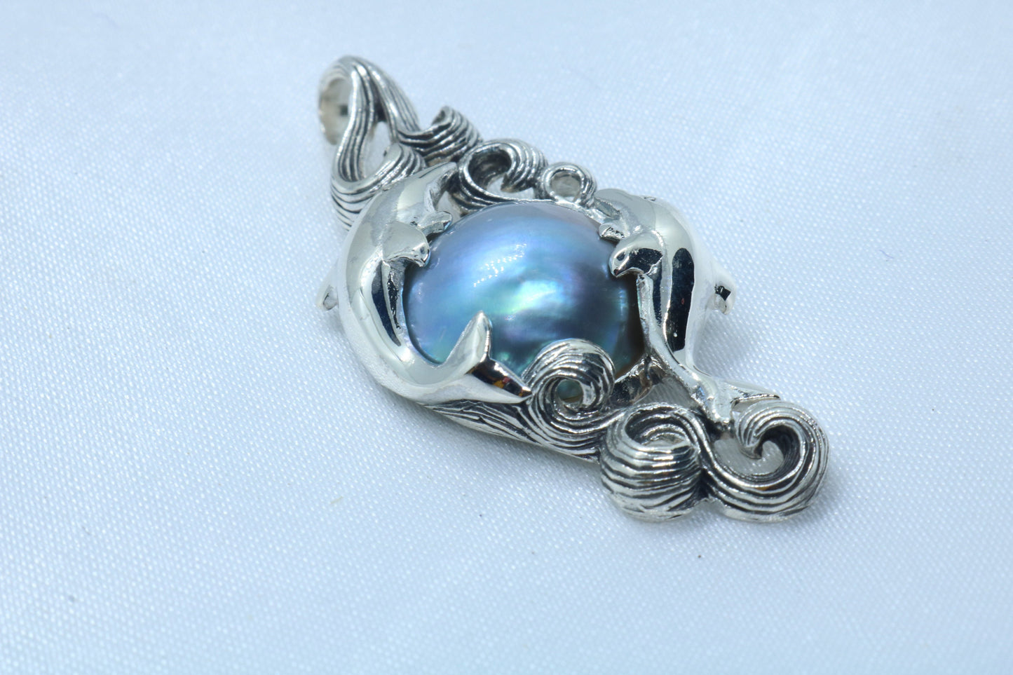 Dolphins Blue Mabe Pearl Silver Pendant Necklace