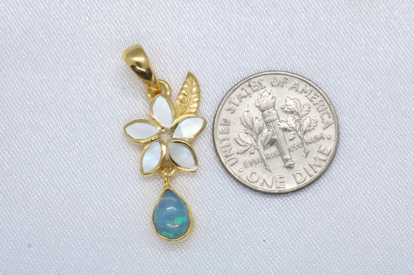 Opal Plumeria Flower 18k Gold Vermeil Mother of Pearl Charm Necklace Pendant