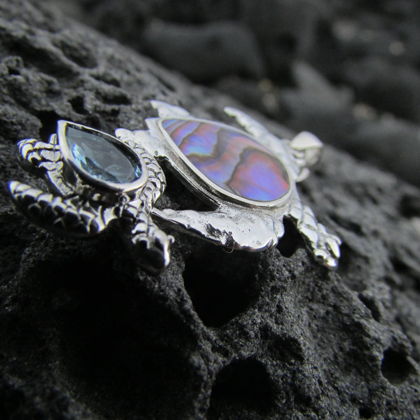 Sea Turtle Couple Necklace Pendant | Abalone Paua Shell | Blue Topaz | Sterling Silver | Ocean | Beach | Gift | Jewelry | Handmade | Unique