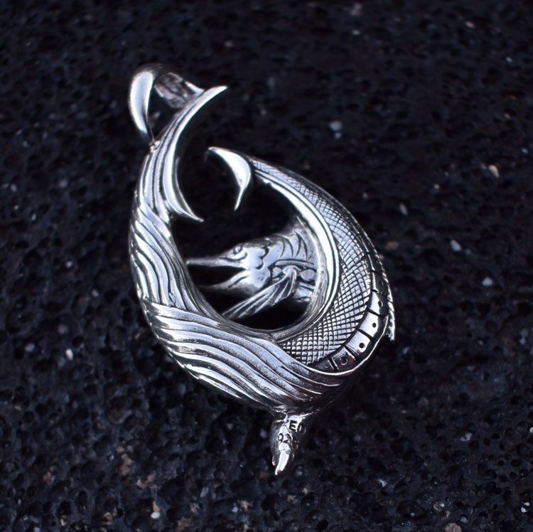 Fishing Hook Necklace Pendant with Marlin. Sterling Silver.
