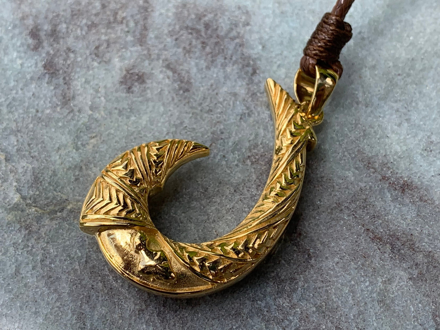 Hawaiian Maui Island Fishing Hook Tribal Necklace Pendant. 18K Gold Vermeil.