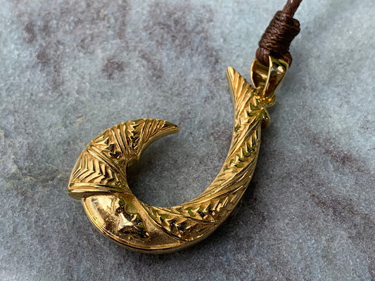 Hawaiian Maui Island Fishing Hook Tribal Necklace Pendant. 18K Gold Vermeil.