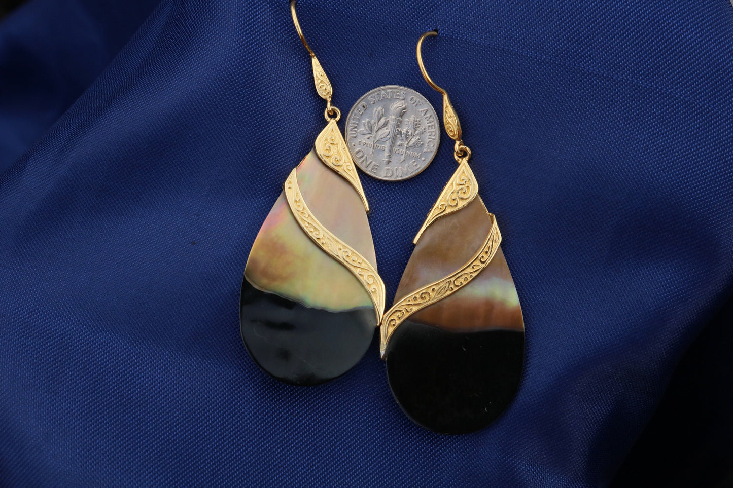 18k Gold Teardrop Black Oyster Shell Earrings Double Tribal Design. Sterling Silver.