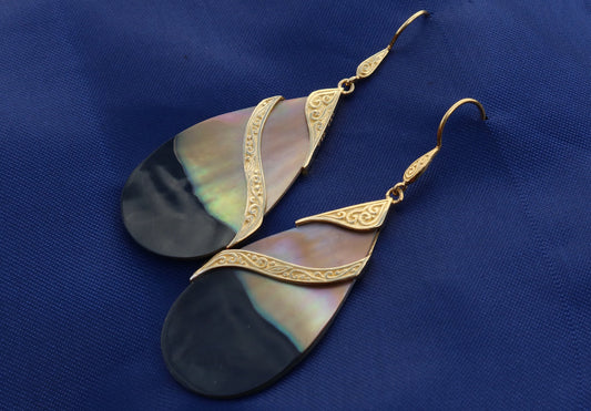 18k Gold Teardrop Black Oyster Shell Earrings Double Tribal Design. Sterling Silver.