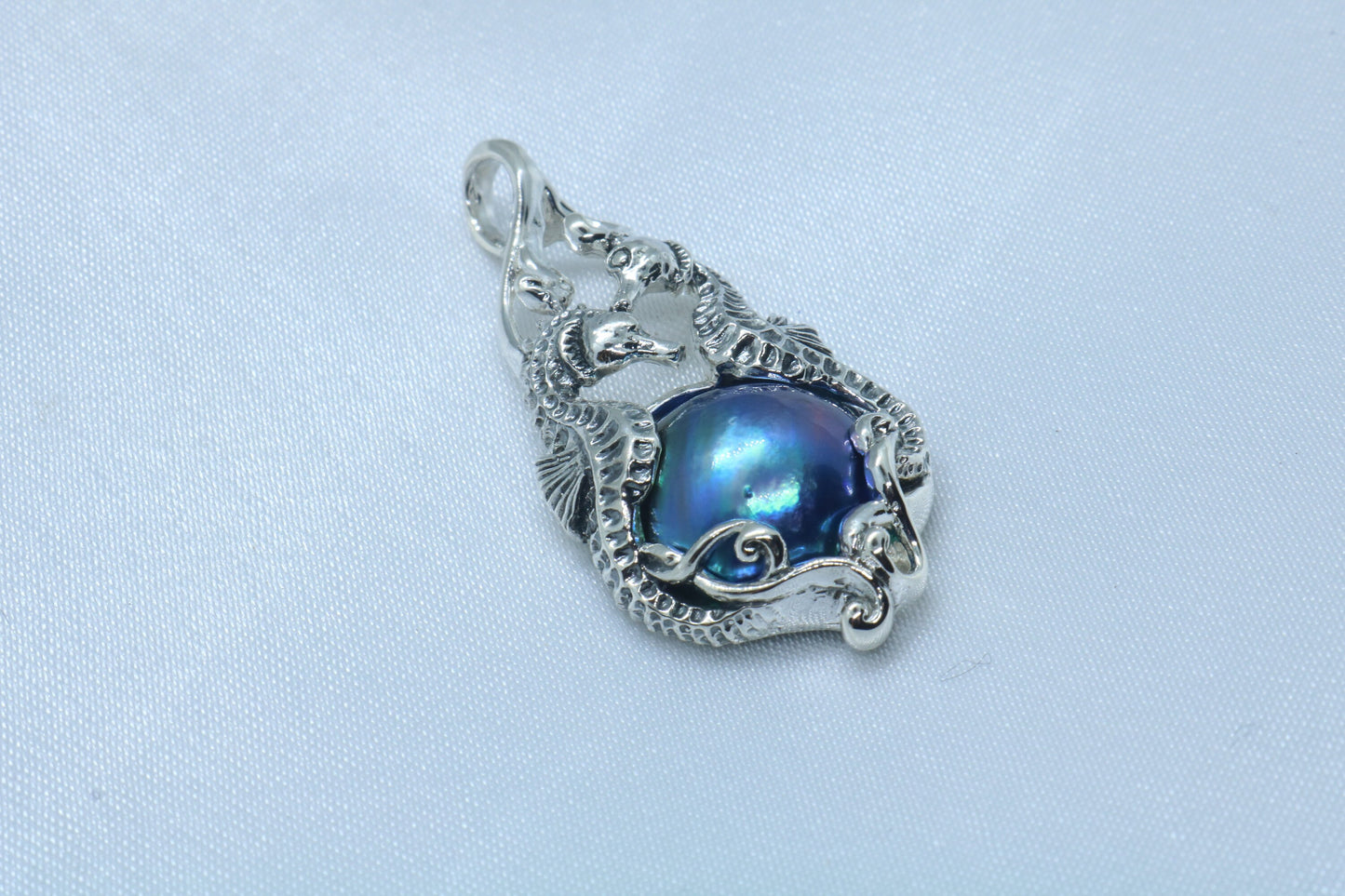 Seahorse Blue Mabe Pearl Silver Pendant Necklace