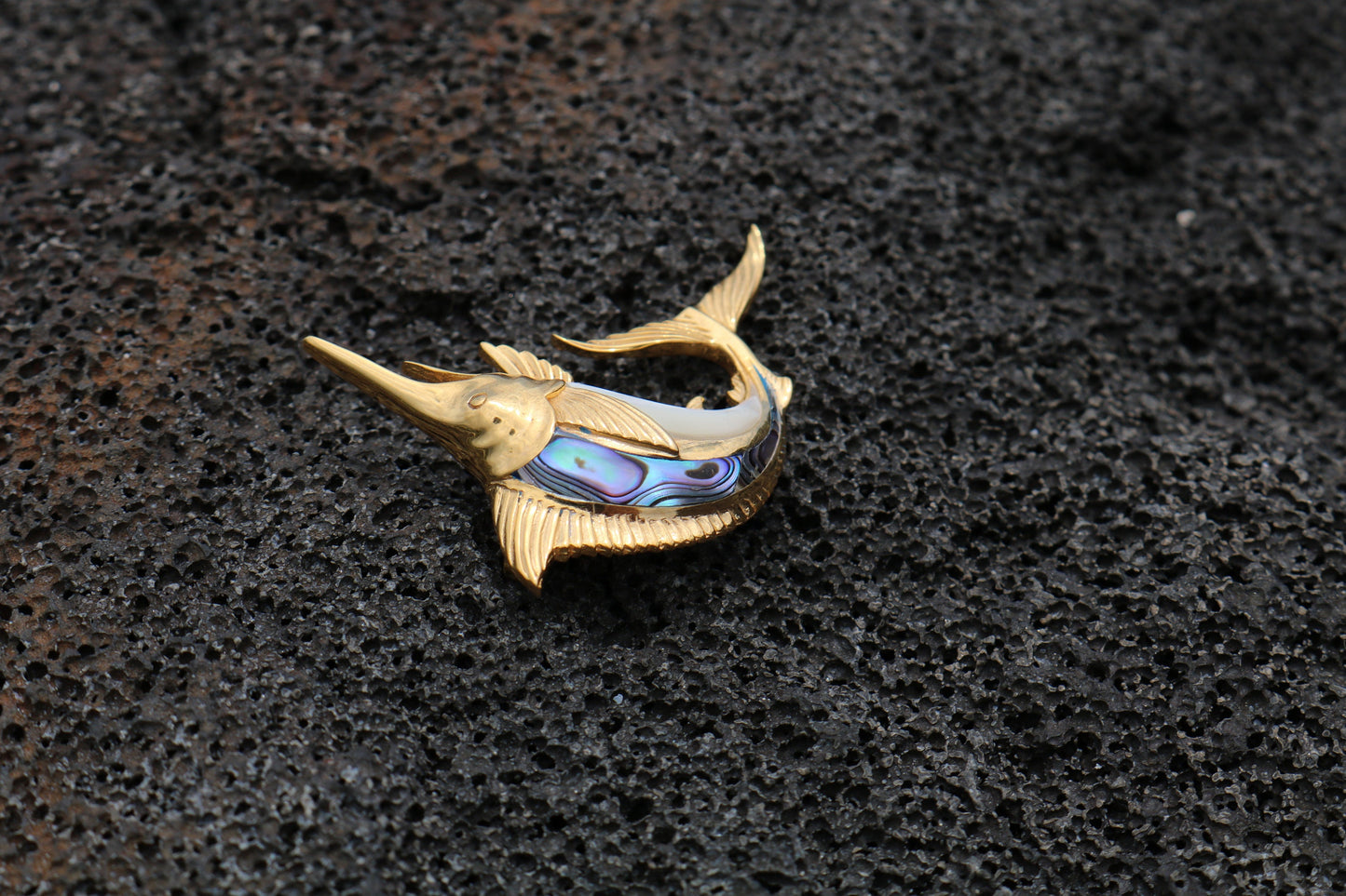 18K Gold Vermeil Aumakua Marlin Fish Necklace Pendant. Abalone Paua Shell, Mother of Pearl. Gift for Real Fisherman. Billfisher Kona.