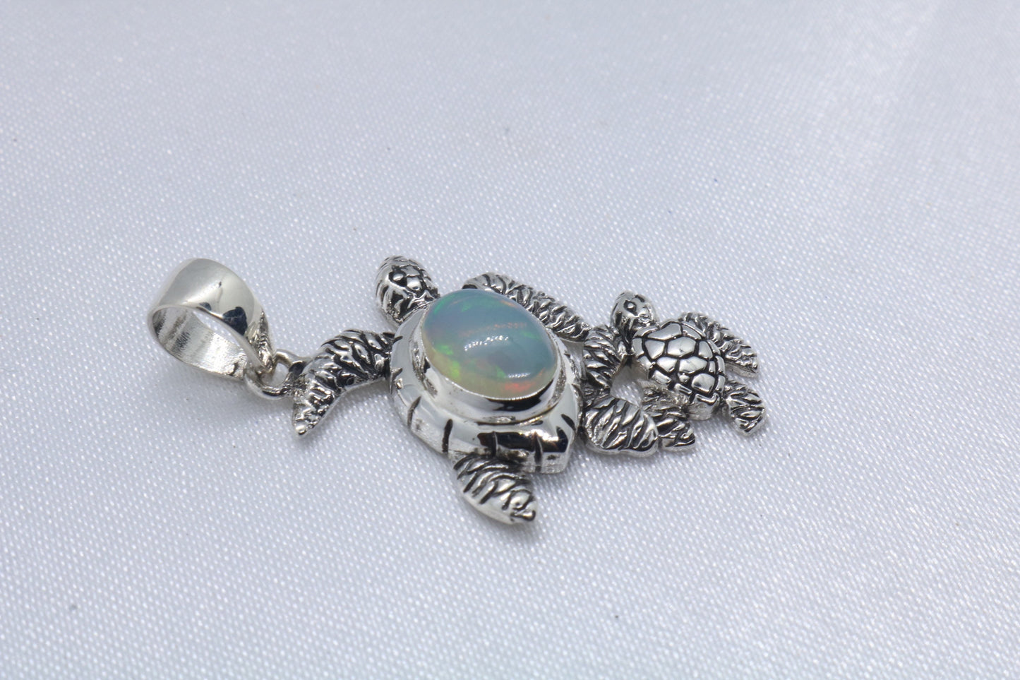 Opal Turtle Hawaiian Honu Mom and Baby silver Necklace Pendant