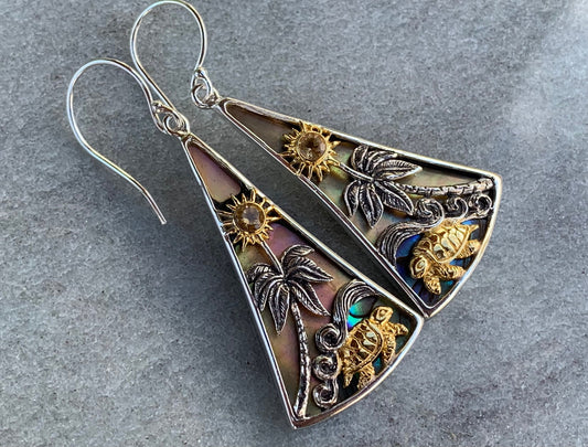 Turtle Sun Wave Palm Tree Citrine Abalone Shell Gold Silver Earrings