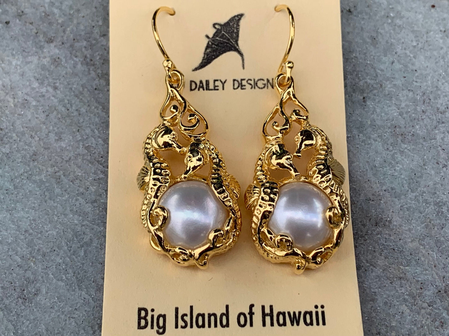 18k gold vermeil white mabe pearl seahorse earrings.