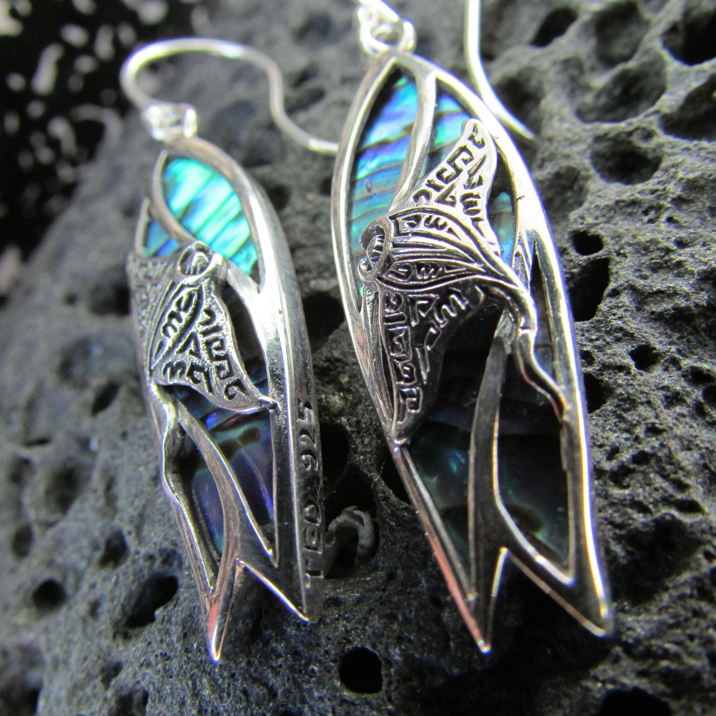 Surfboard Manta Ray Earrings. Abalone Paua Shell. Sterling Silver.