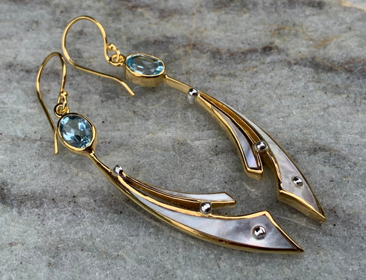 18k Gold Vermeil Wave Earrings. Blue Topaz, Mother of Pearl