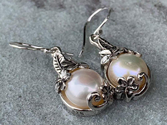 Plumeria Flower White Mabe Pearl Silver Earrings