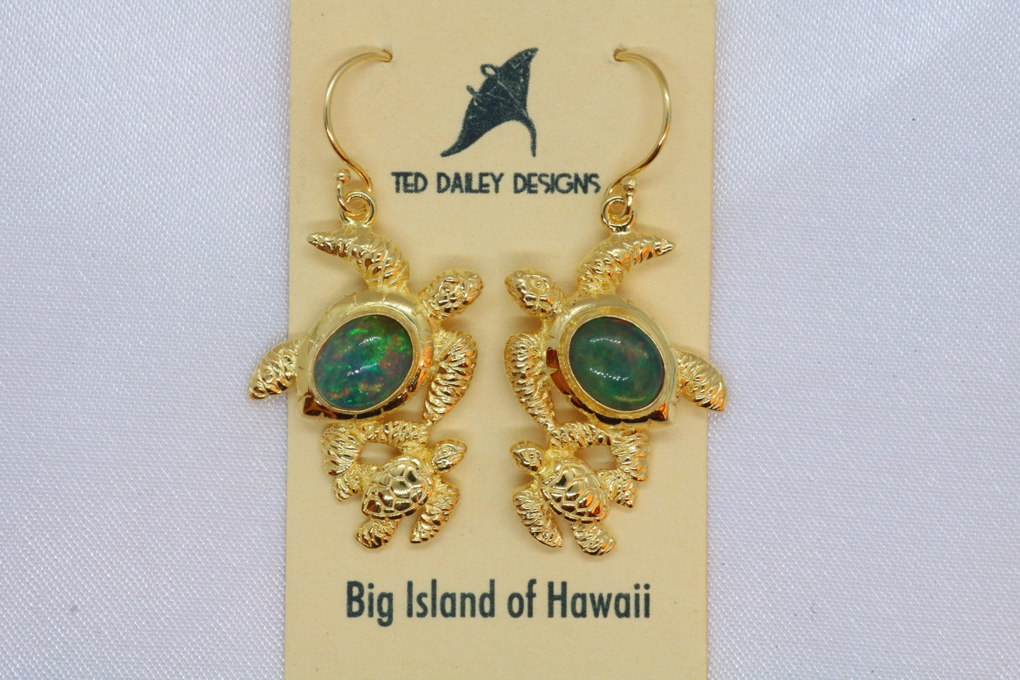 Opal Turtle Hawaiian Honu Mom and Baby 18k Gold Vermeil Earrings