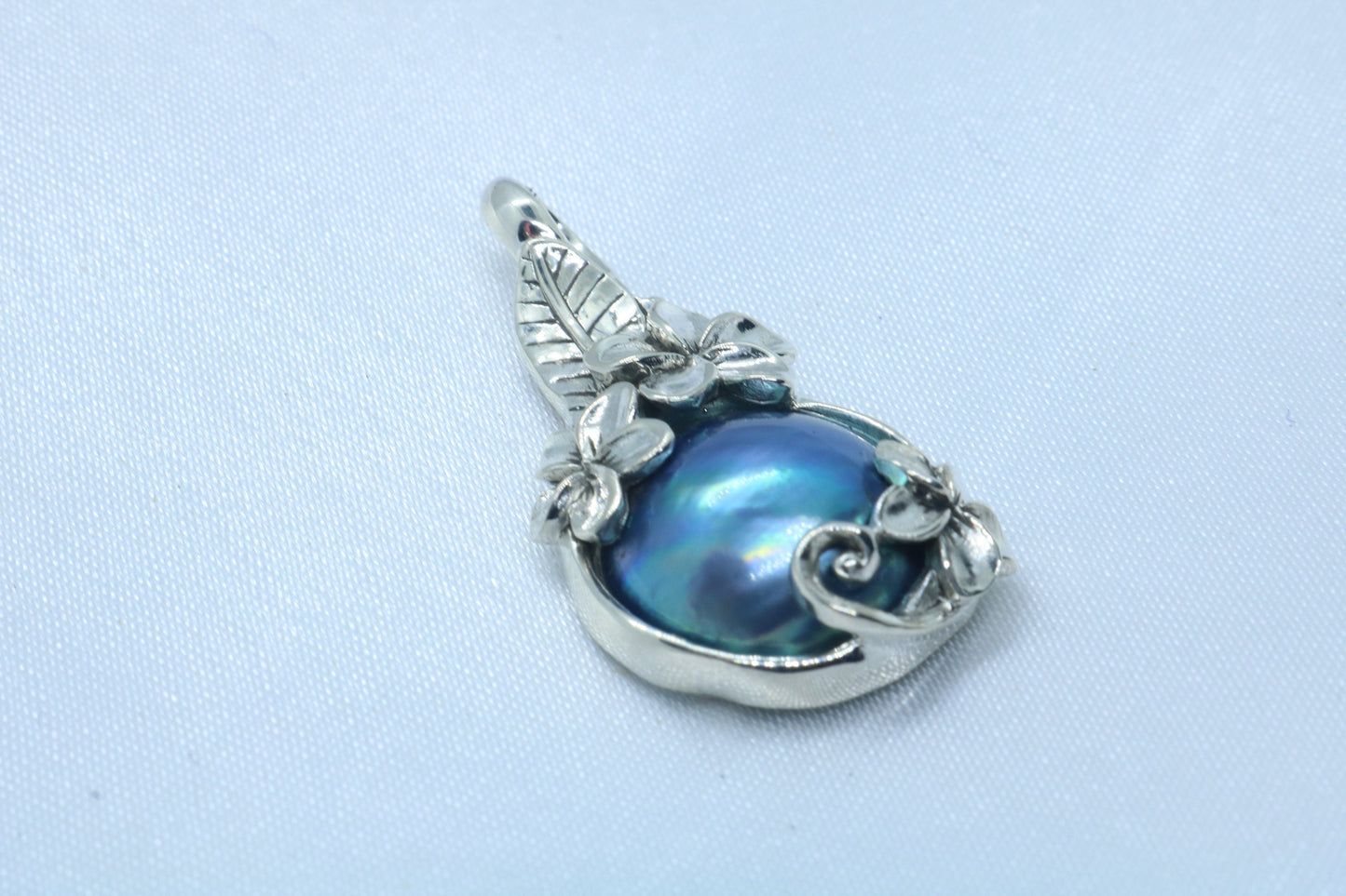 Plumeria Flower Blue Mabe Pearl Silver Pendant Necklace