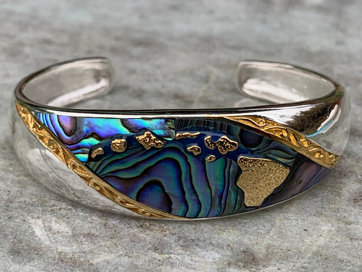 Hawaiian Islands Chain Bracelet Cuff. Kauai, Oahu, Maui, Big Island of Hawaii. Silver, 18k Gold, Abalone Paua Shell.