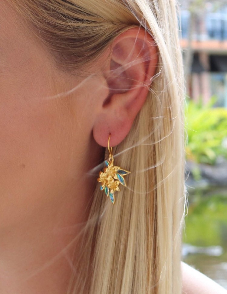 Plumeria Flowers Earrings. 18k Gold Vermeil. Abalone Paua Shell.