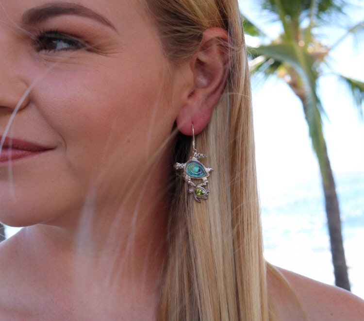 Sea Turtle Earrings | Paua Abalone Shell | Peridot | Sterling Silver | Ocean | Beach | Gift | Jewelry | Handmade | Unique