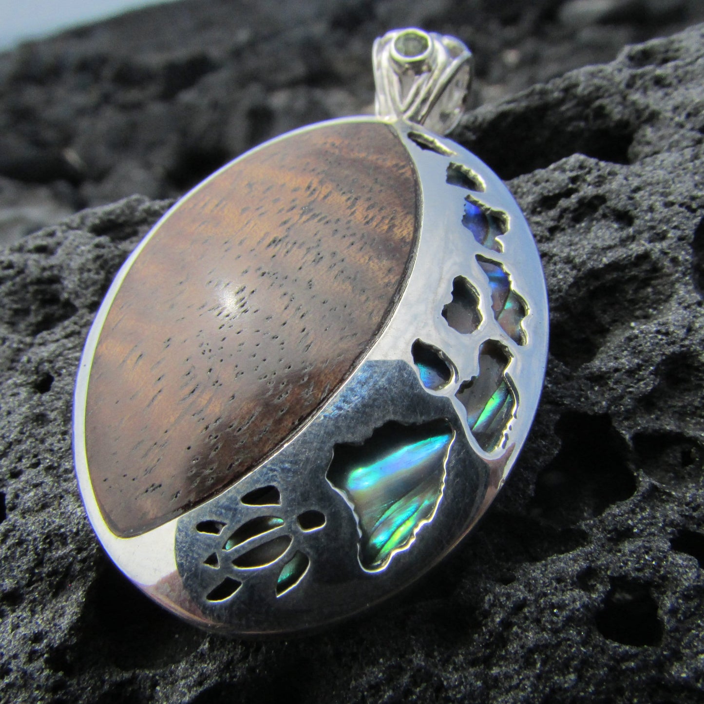 Hawaii Island Chain Turtle Pendant Necklace Large | Koa Wood | Paua Abalone Shell | Peridot | Sterling Silver | Beach | Jewelry | Handmade