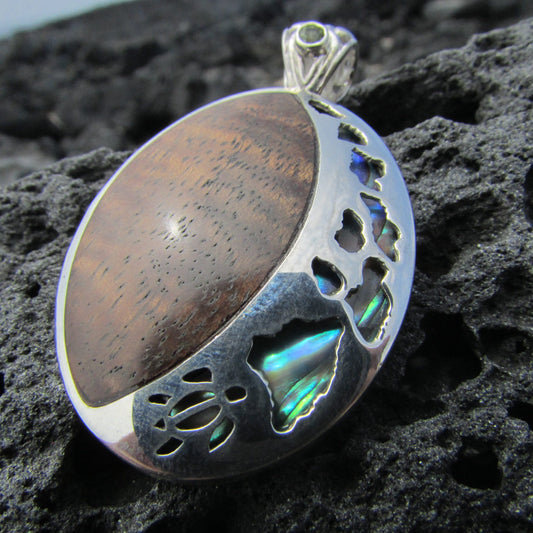 Hawaii Island Chain Turtle Pendant Necklace Large | Koa Wood | Paua Abalone Shell | Peridot | Sterling Silver | Beach | Jewelry | Handmade