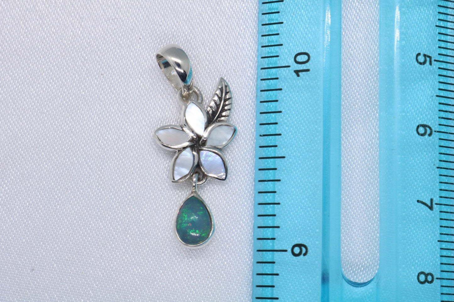 Opal Plumeria Flower Silver Mother of Pearl Necklace Pendant
