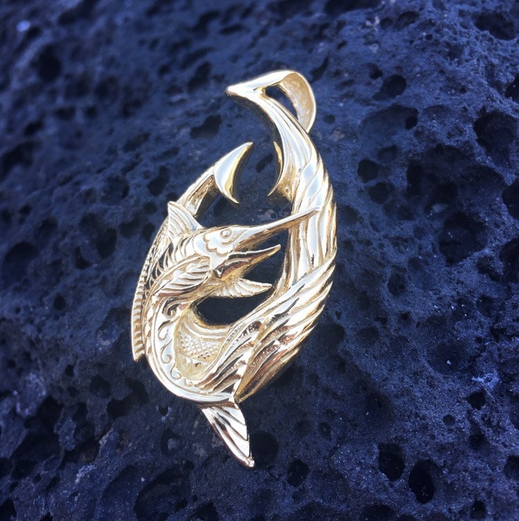 18K Gold Vermeil Makau Fishing Hook Marlin Necklace Pendant.