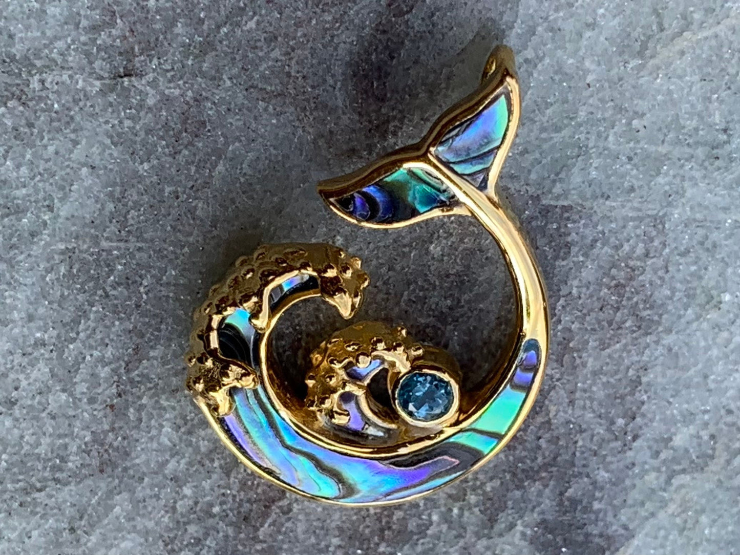 Whale Tail and Wave Swiss Blue Topaz 18k Gold Vermeil Necklace Pendant