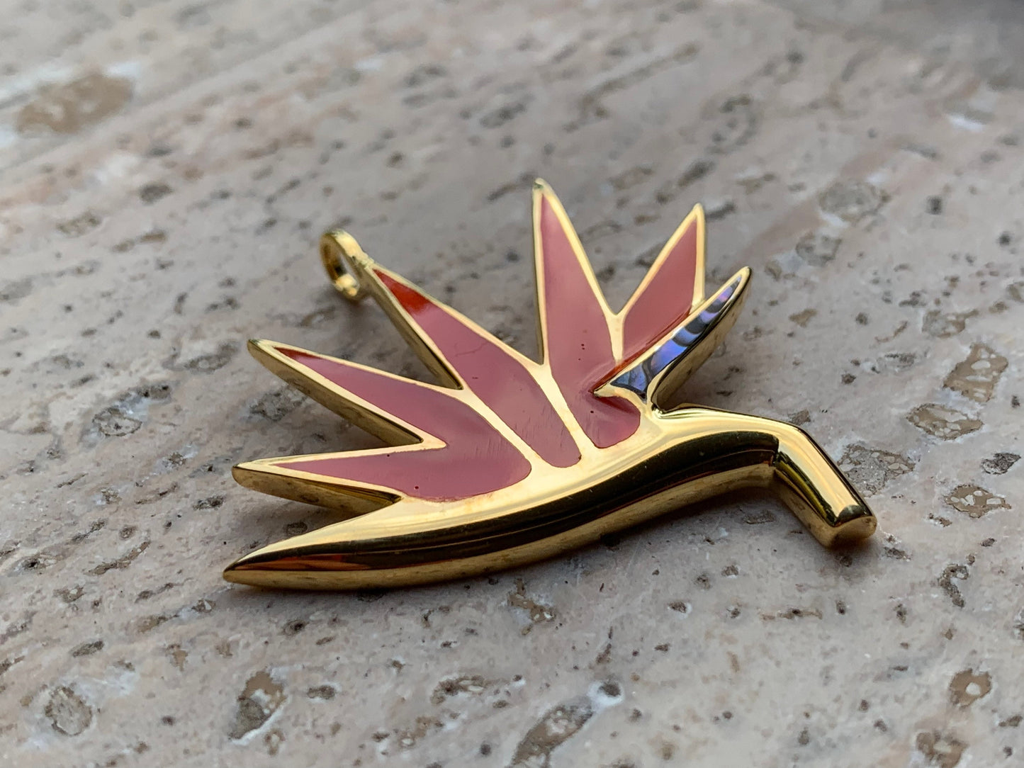 Bird of Paradise 18k Gold Vermeil Flower Necklace Pendant. Red Coral, Sterling Silver, Abalone Shell.