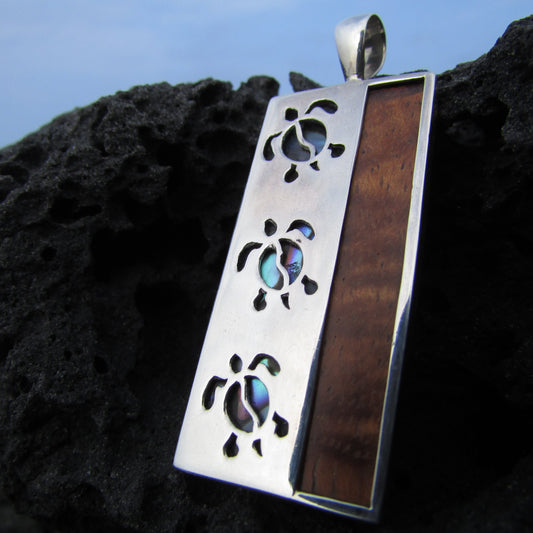 Triple Sea Turtle Necklace Pendant | Koa Wood | Abalone Paua Shell | Sterling Silver | Ocean | Beach | Gift | Jewelry | Handmade | Unique