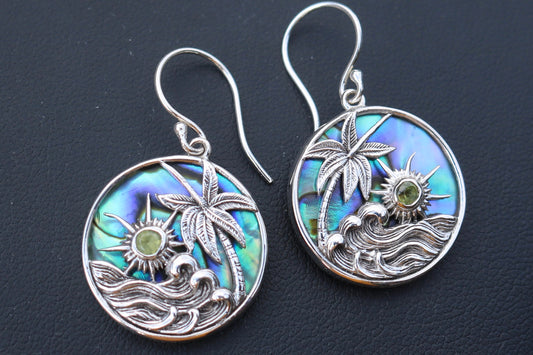 Hawaiian Sunset Wave Palm Tree Peridot Abalone Shell Earrings. Sterling Silver.
