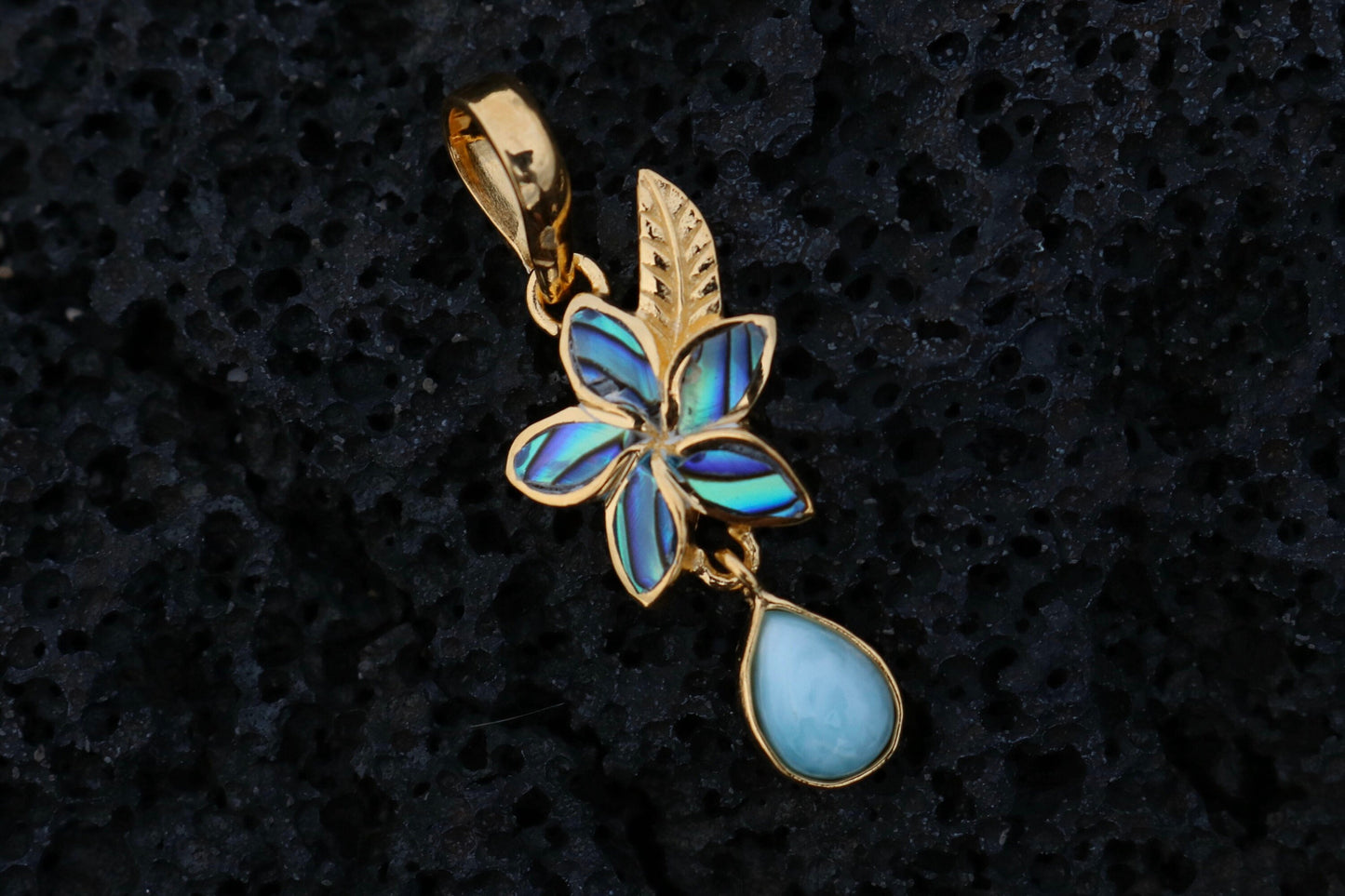 18K Gold Vermeil Charm Plumeria Flower Larimar Teardrop  Pendant Necklace.
